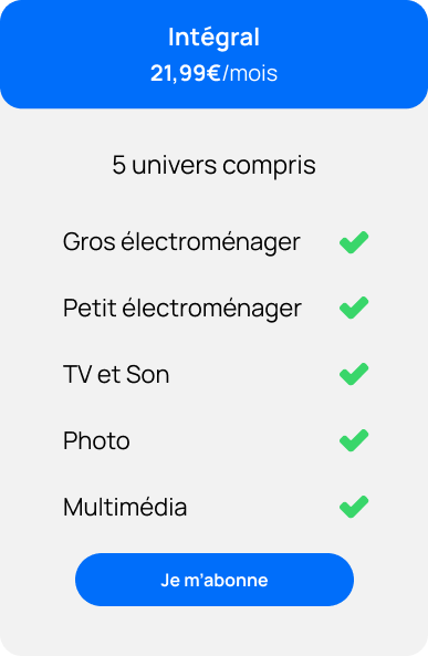 Darty Max Intgral, 21.99 par mois pour 5 familles de produits qui comprend : gros lectromnager, petit lectromnager, TV et Son, Photo, Multimedia